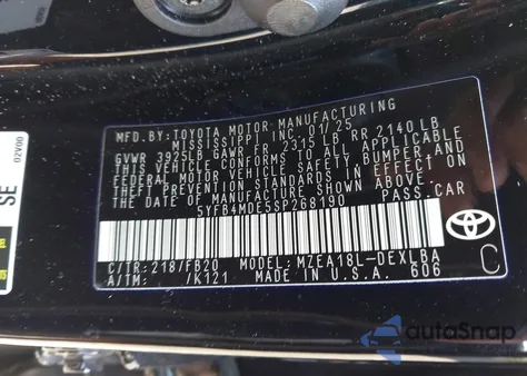 2025 Toyota Corolla Le z USA, uszkodzony, nr VIN 5YFB4MDE5SP268190